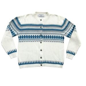 Vintage 70s Jersild Women's Large Nordic Fair Isle Cardigan Blue White Filigree